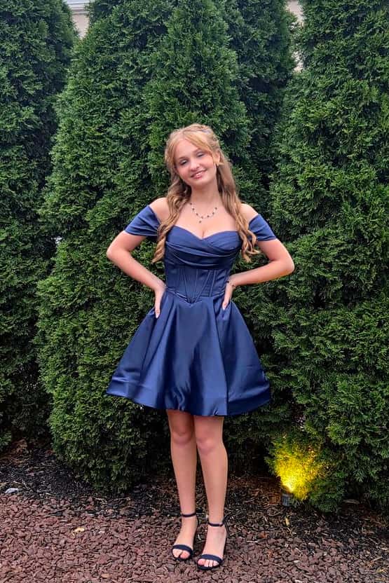 Off the Shoulder Navy Blue Ruched A-line Dress