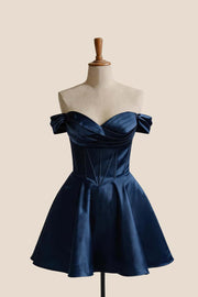 Off the Shoulder Navy Blue Ruched A-line Dress