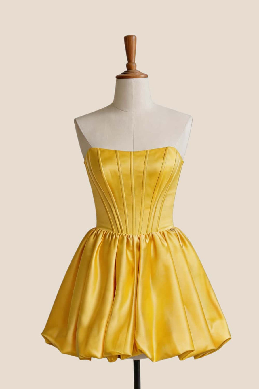 Yellow Satin Strapless Short Bubble Dress