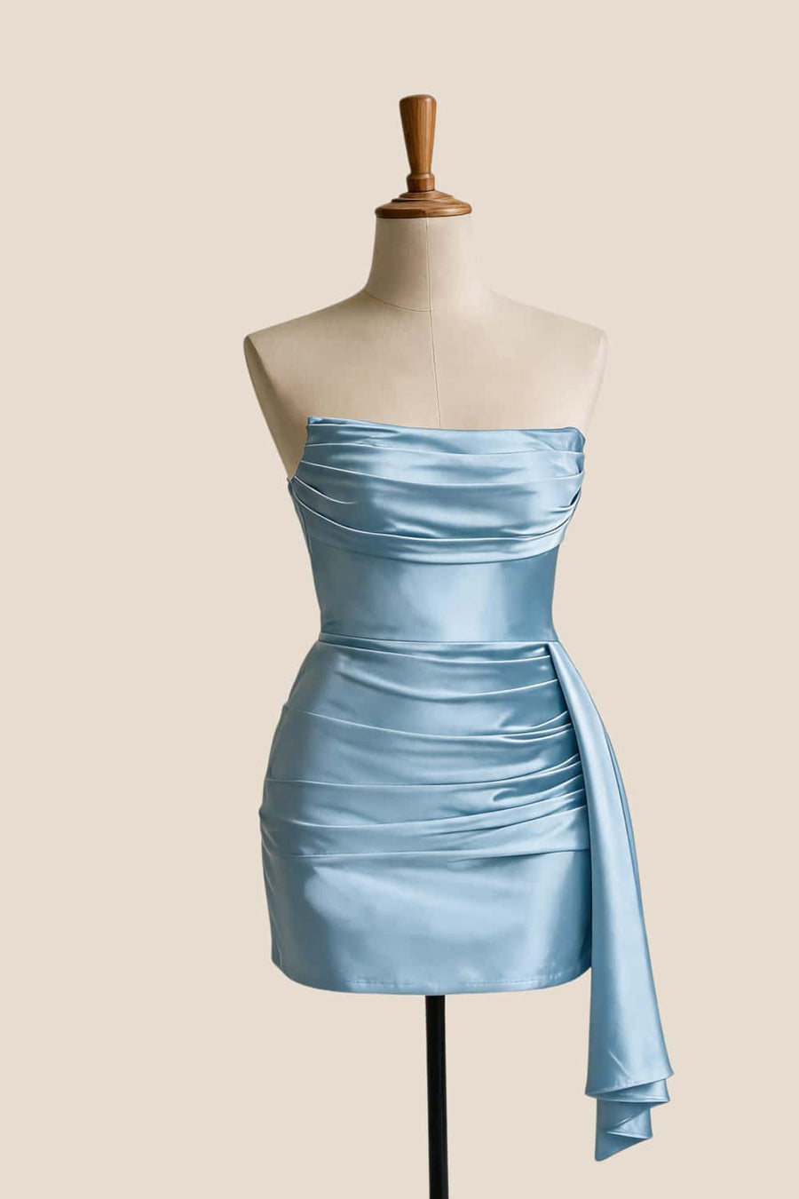 Ruched Light Blue Satin Tight Mini Dress with Train