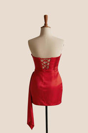Ruched Red Satin Tight Mini Dress with Train