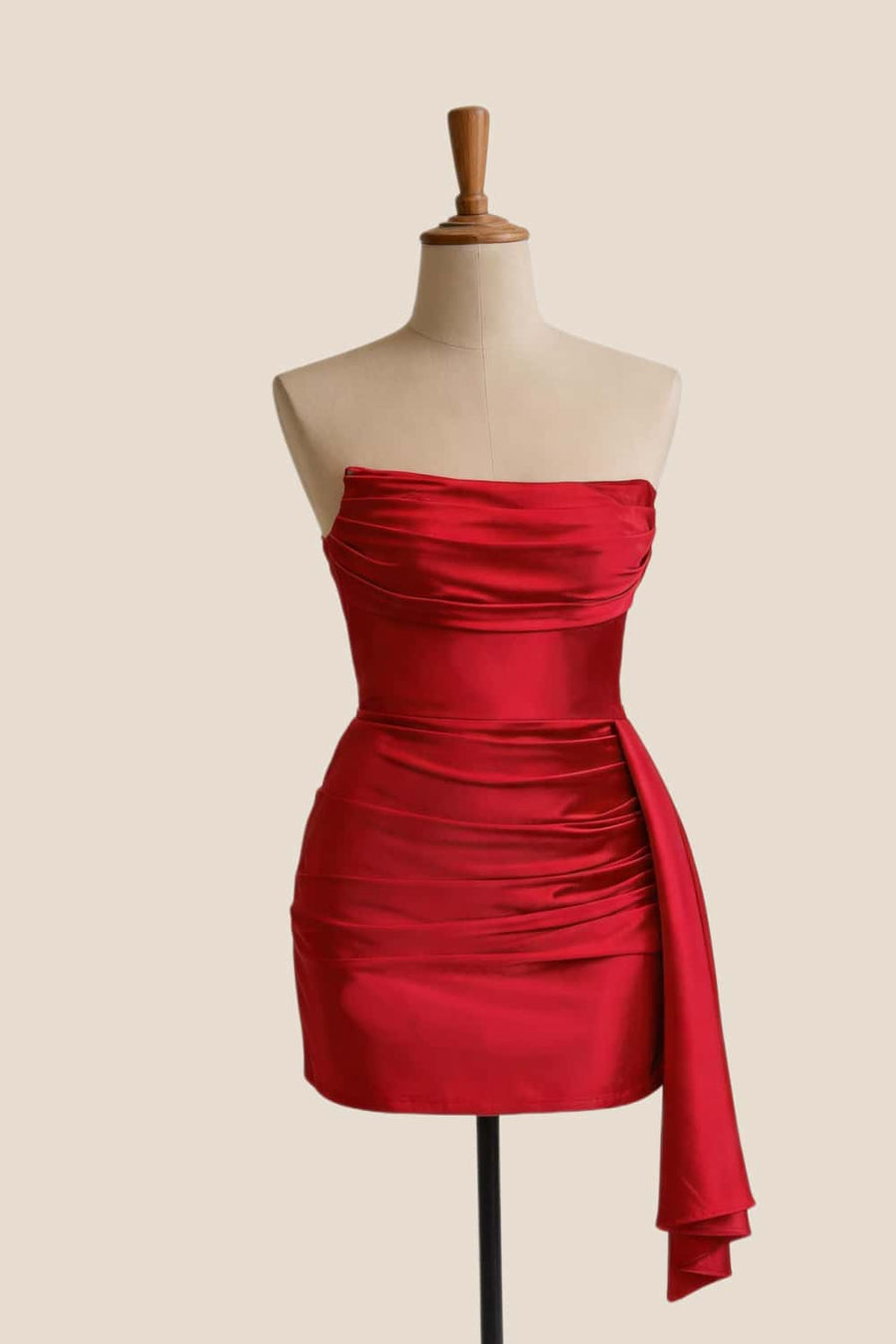 Ruched Red Satin Tight Mini Dress with Train