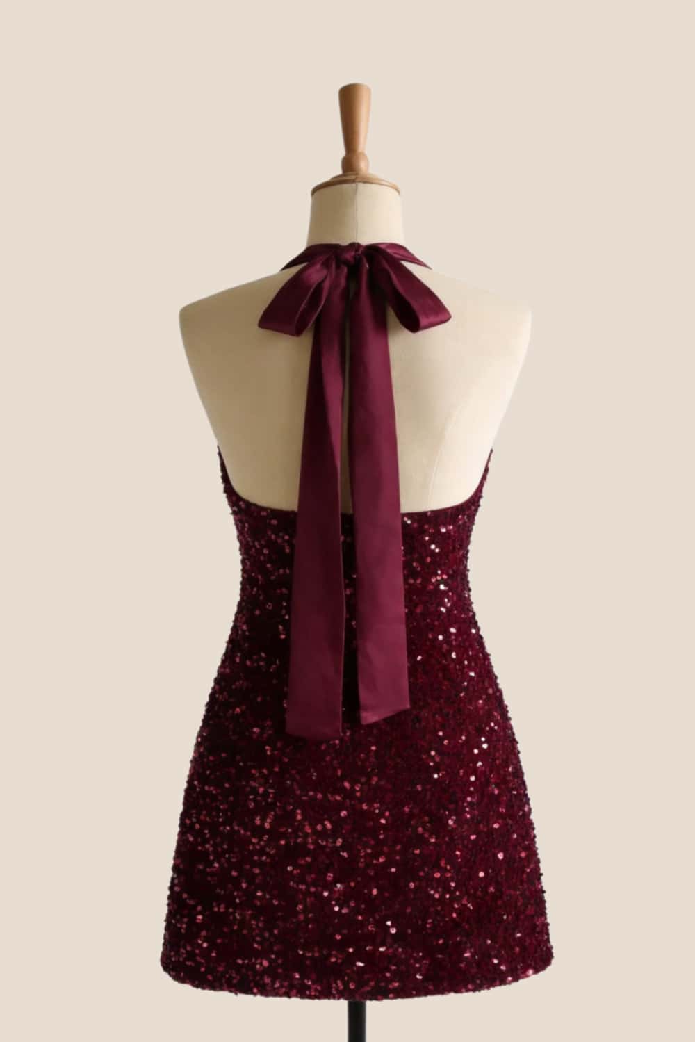 Halter Burgundy Sequin Short Mini Dress
