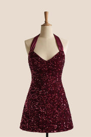 Halter Burgundy Sequin Short Mini Dress