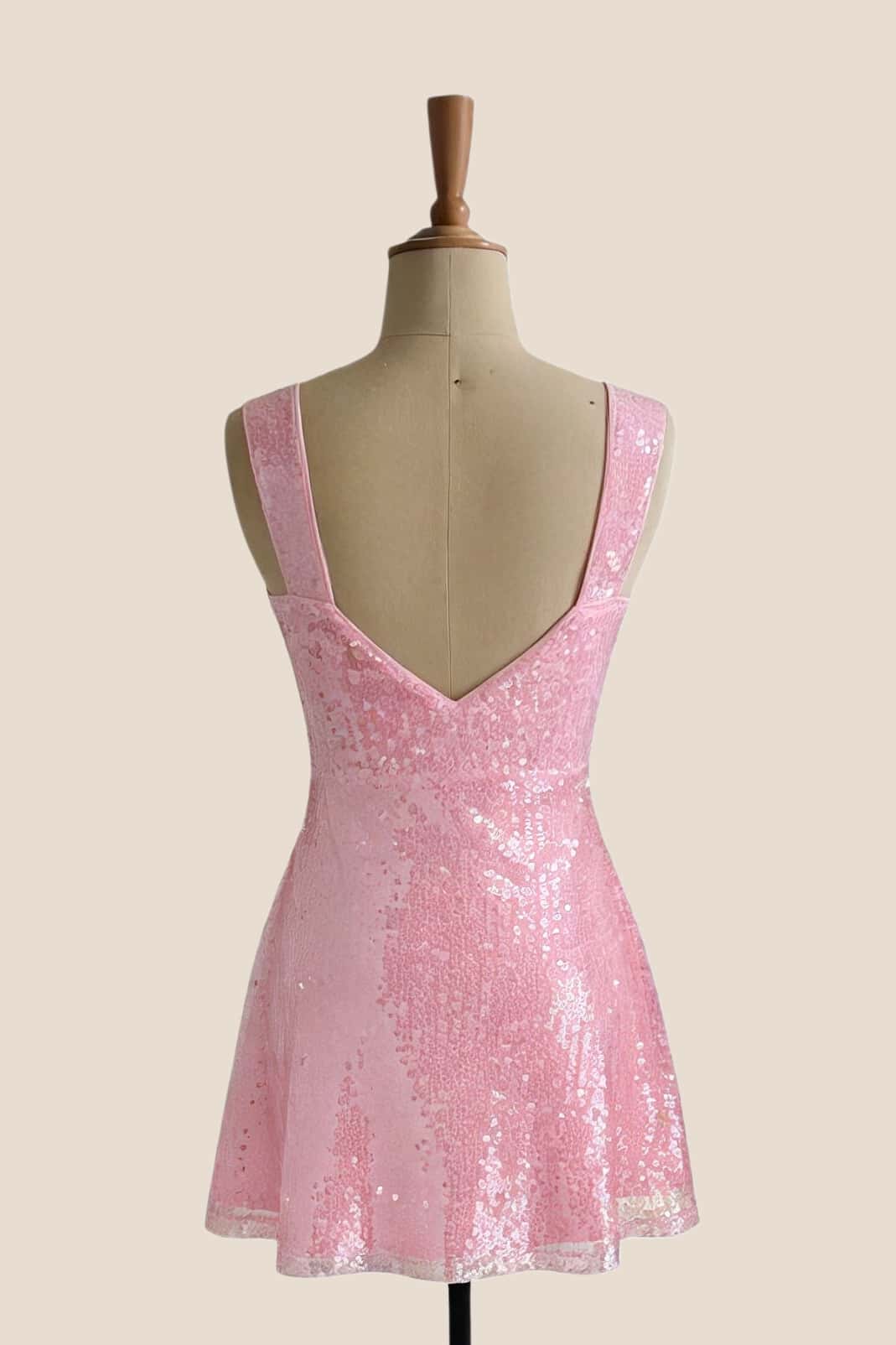 Wide Straps Pink Sequin A-line Mini Dress