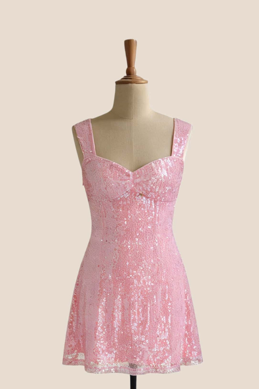 Wide Straps Pink Sequin A-line Mini Dress
