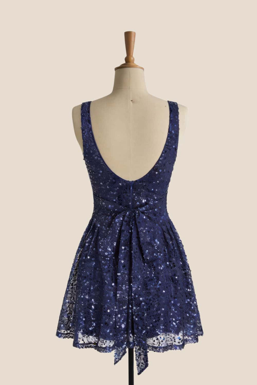 Square Neck Navy Sequin A-line Short Dress