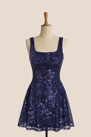 Square Neck Navy Sequin A-line Short Dress
