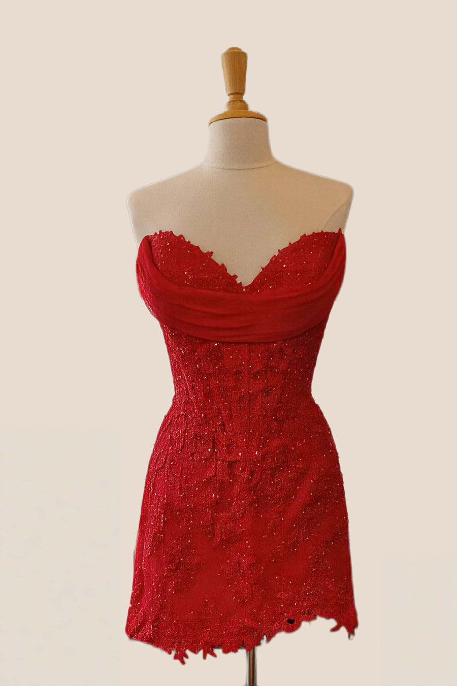 Cowl Neck Red Lace Tight Homecoming Dress