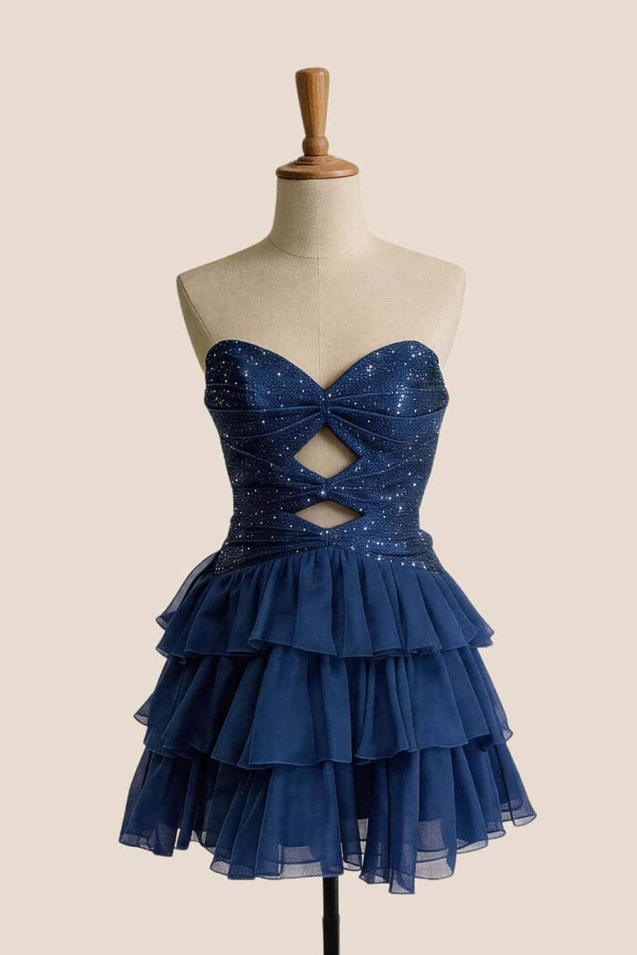 Navy Beaded Keyholes A-line Ruffle Dress