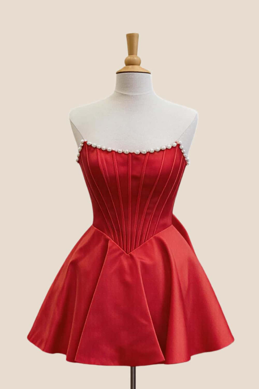Pearls Red Satin A-line Short Dress