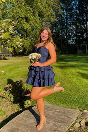 Straps Navy Twist Tiered Short Dress