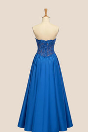 Appliques Royal Blue A-line Satin Prom Dress