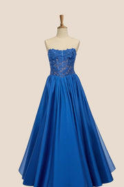 Appliques Royal Blue A-line Satin Prom Dress