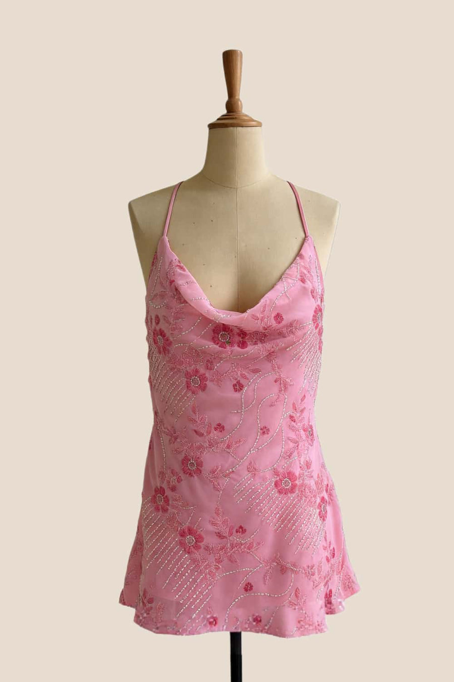 Cowl Neck Pink Beaded Short Dress