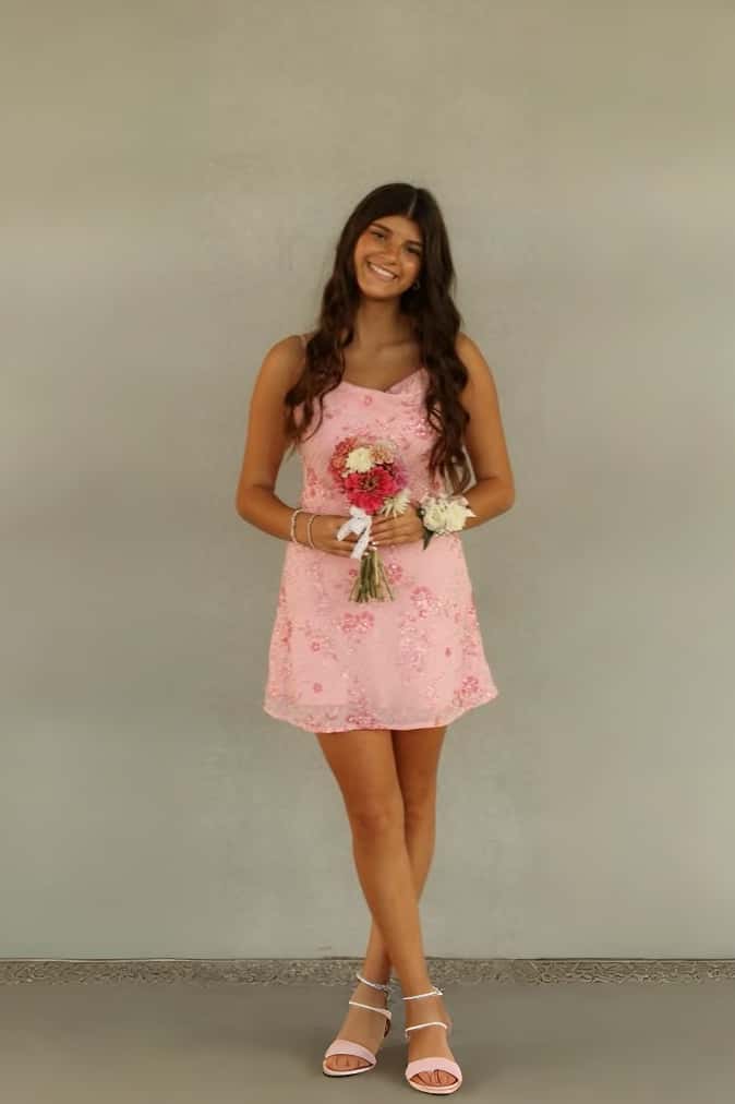 Cowl Neck Pink Beaded Short Dress