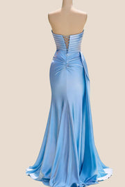 Keyhole Blue Satin Ruched Long Formal Dress