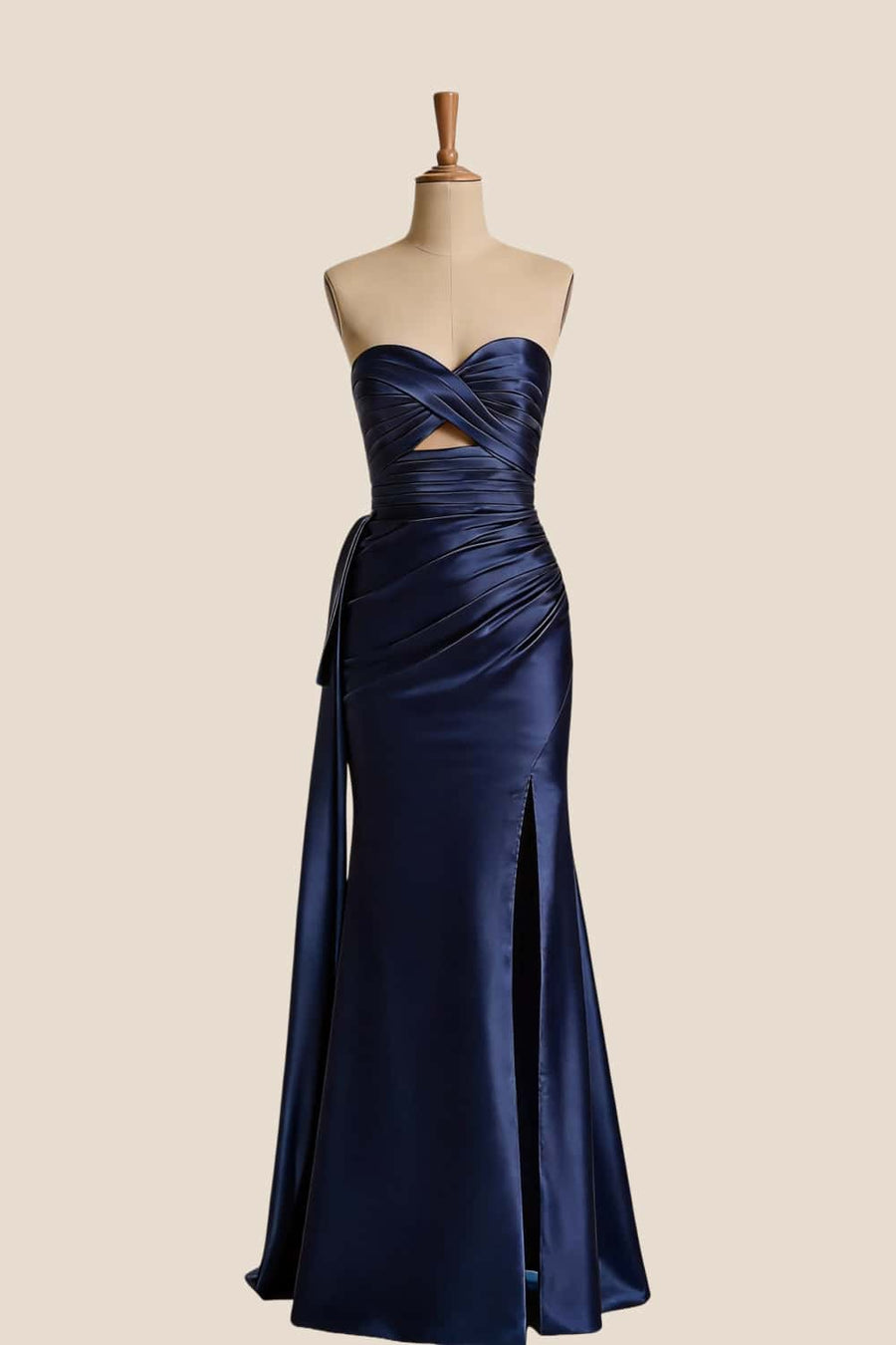 Keyhole Blue Satin Ruched Long Formal Dress