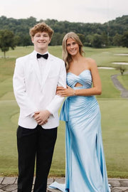 Keyhole Blue Satin Ruched Long Formal Dress