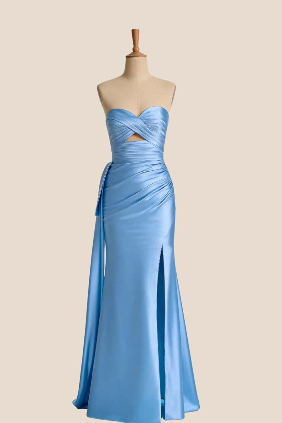Keyhole Blue Satin Ruched Long Formal Dress