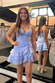 Periwinkle Halter Ruched Ruffle Short Dress