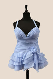 Periwinkle Halter Ruched Ruffle Short Dress