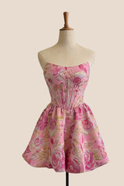 Rose Floral Jacquard A-line Short Bubble Dress