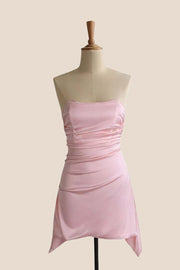 Pink Draped Satin Handkerchief Hem Mini Dress