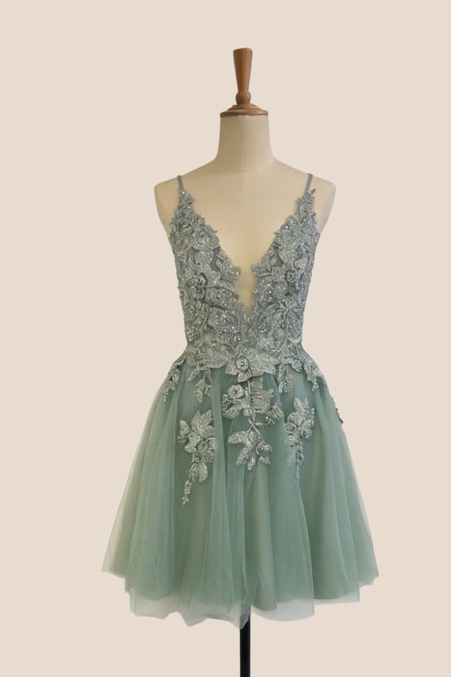 US 4 Sage Green Appliques A-line Short Dress