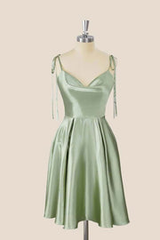 US 4 Sage Green Satin A-line Short Dress