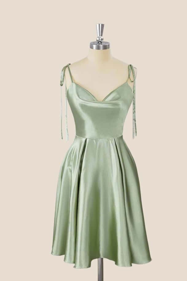 US 4 Sage Green Satin A-line Short Dress
