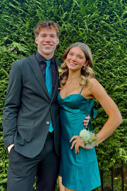 Dark Teal Satin Straps Short Dress