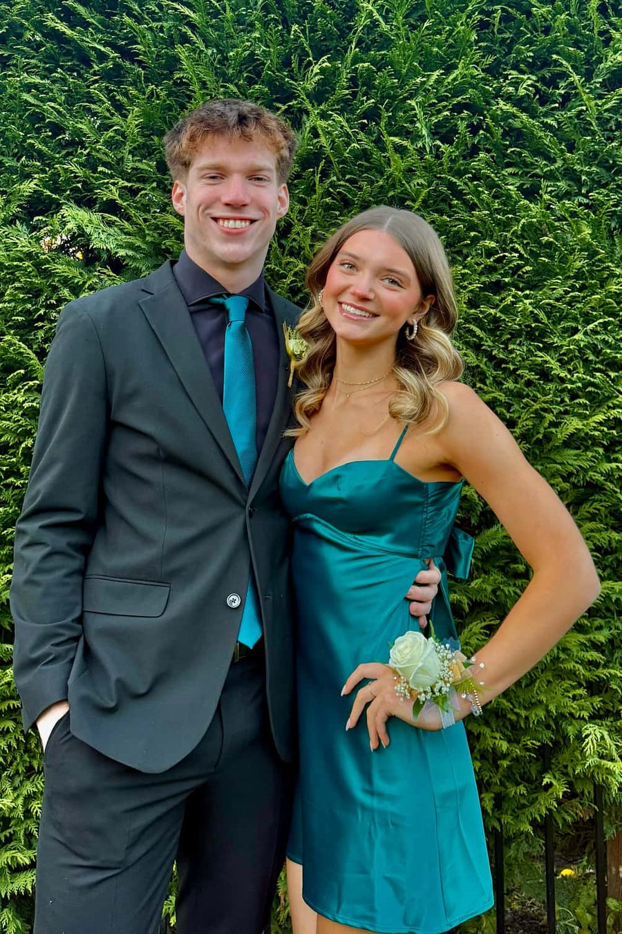 Dark Teal Satin Straps Short Dress