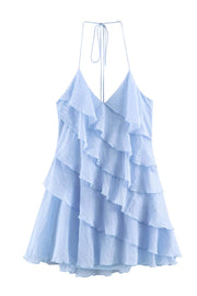 Halter Ruffle Light Blue Short Summer Dress