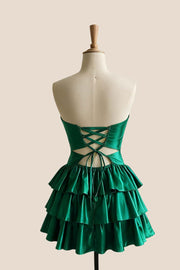 Keyholes Green Satin Ruffle Short Dress
