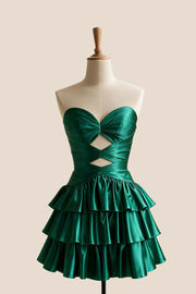 Keyholes Green Satin Ruffle Short Dress