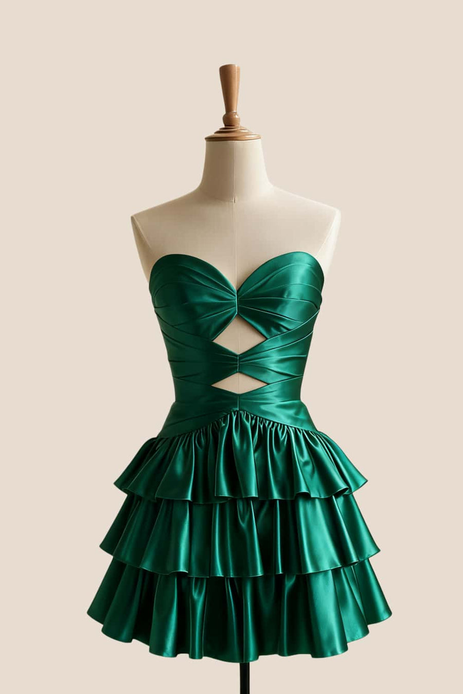 Keyholes Green Satin Ruffle Short Dress