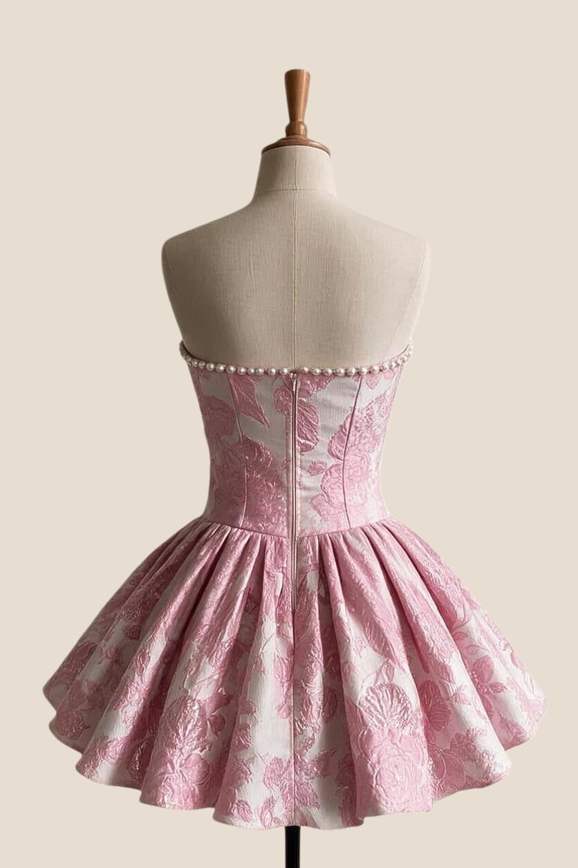 Pink Jacquard Pearls A-line Bow Short Dress