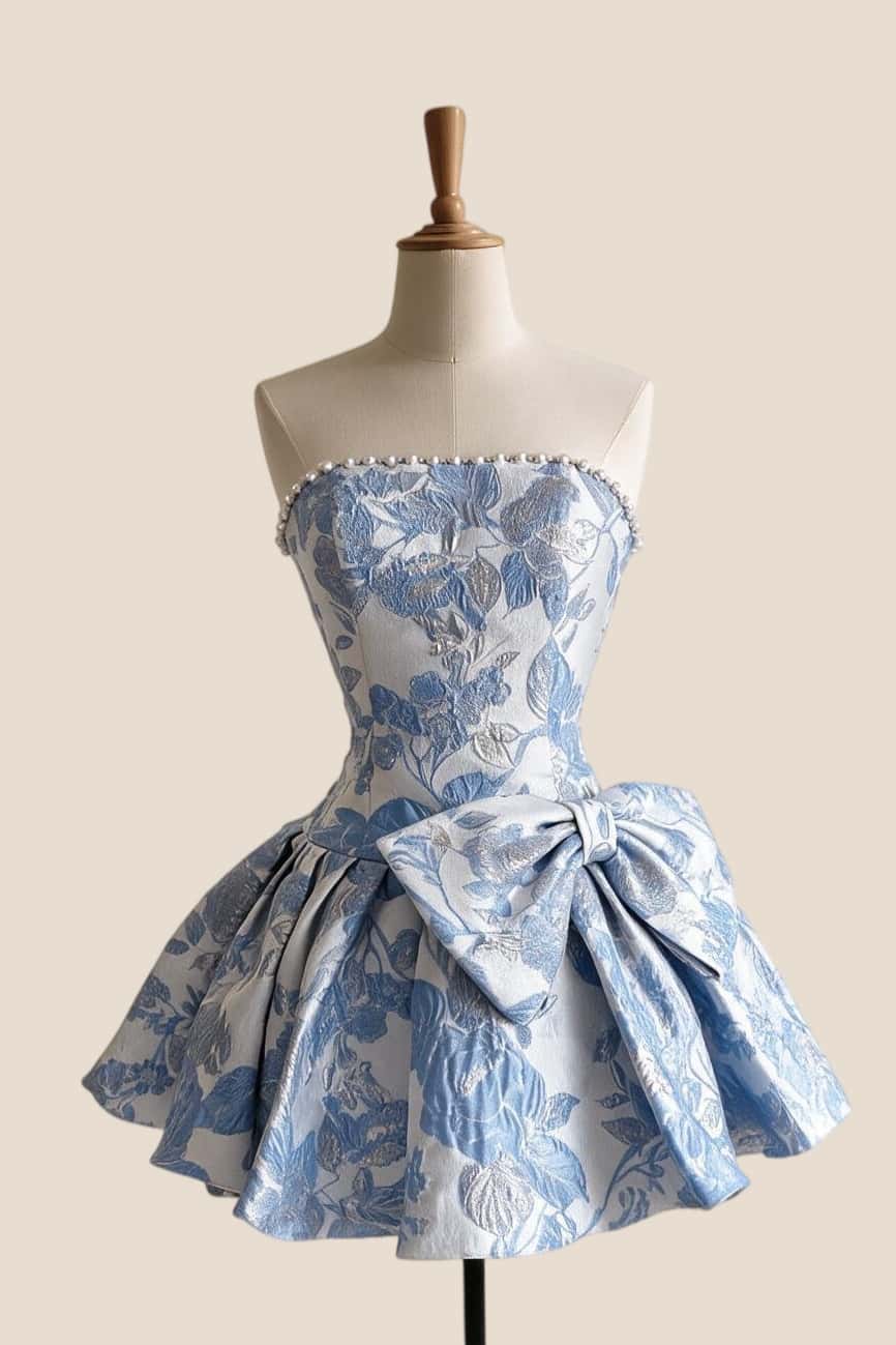 Light Blue Jacquard Pearls A-line Bow Short Dress
