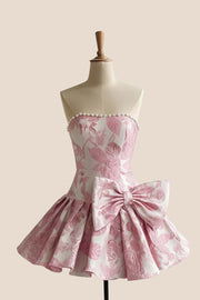 Pink Jacquard Pearls A-line Bow Short Dress