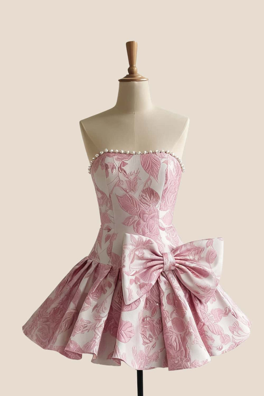 Pink Jacquard Pearls A-line Bow Short Dress