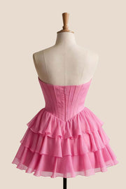 Hot Pink Appliques A-line Short Ruffle Dress