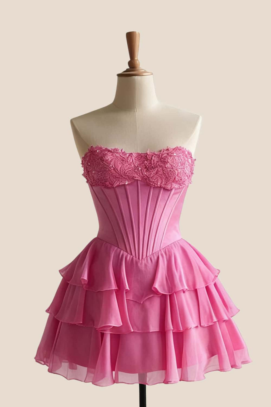 Hot Pink Appliques A-line Short Ruffle Dress