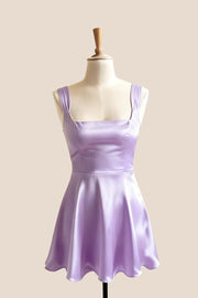 Square Neck Lavender Satin Short Dress