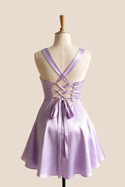 Square Neck Lavender Satin Short Dress