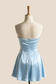 Light Blue Satin Strapless A-line Short Dress