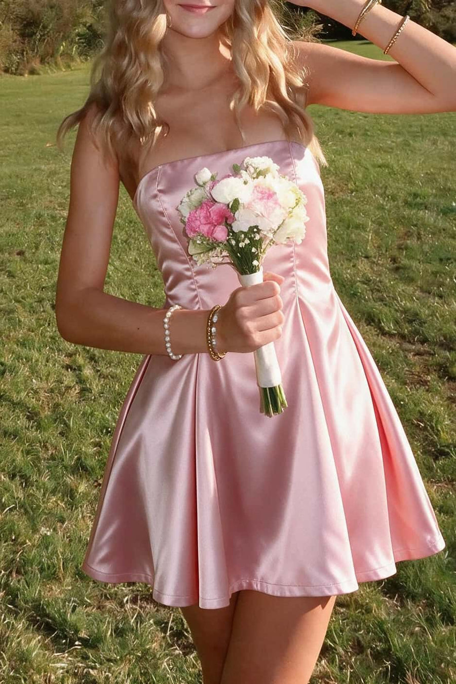 Pink Strapless Satin A-line Short Dress