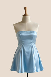 Light Blue Satin Strapless A-line Short Dress