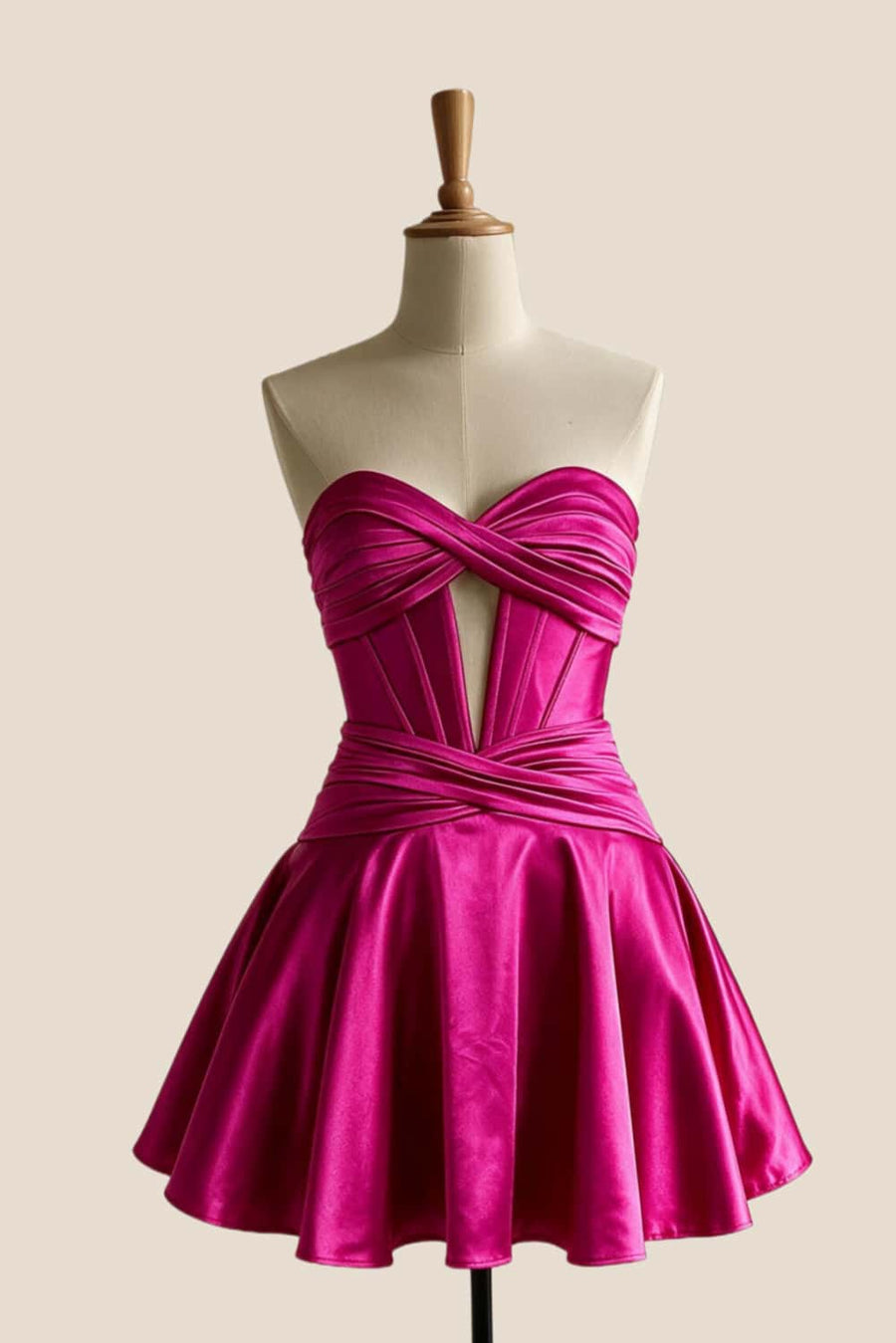 Fuchsia Satin A-line Ruched Short Dress
