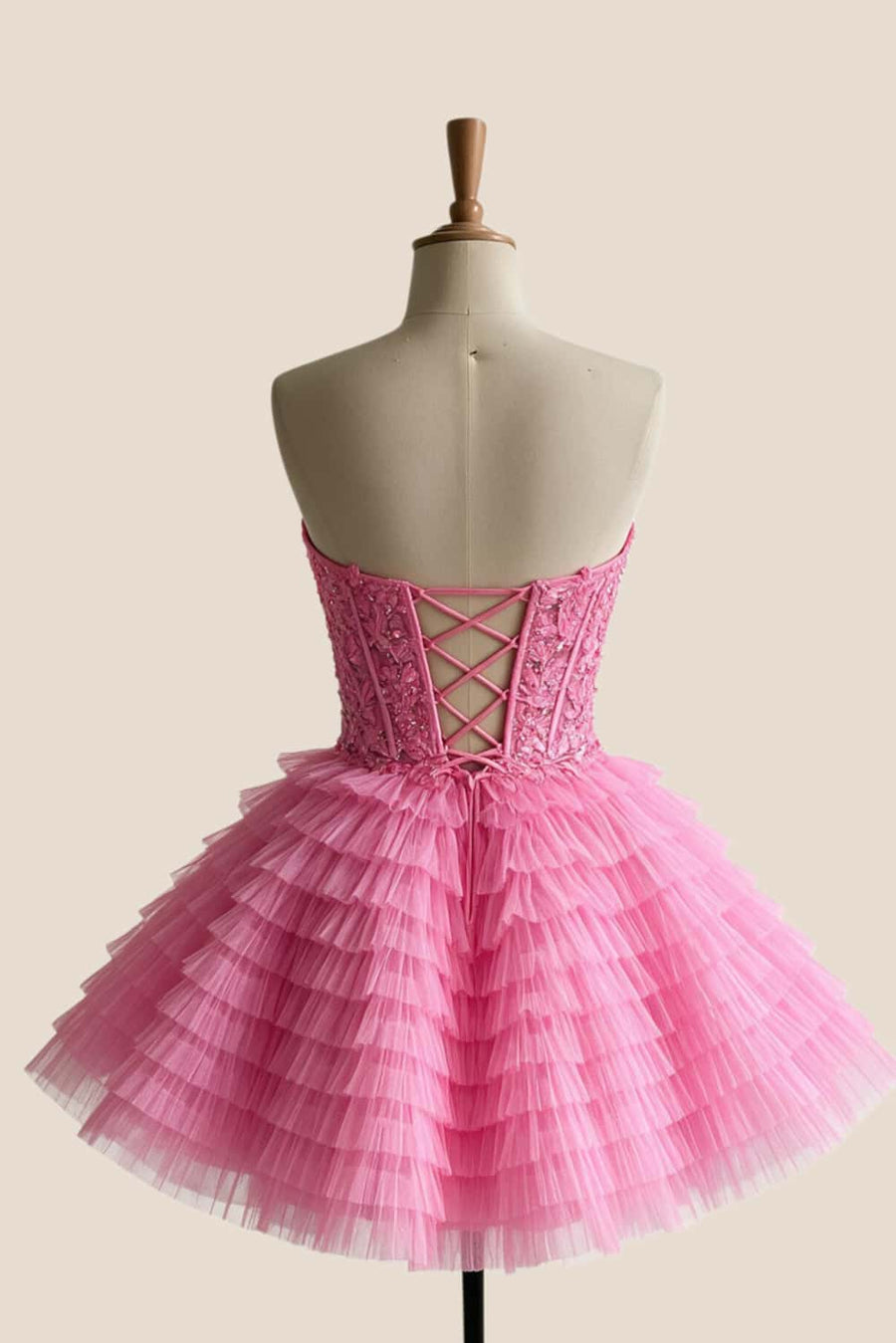Hot Pink Appliques A-line Ruffle Short Dress